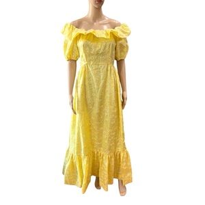 Vtg Handmade 70's canary yellow flocked daisies Prairie Dress-M